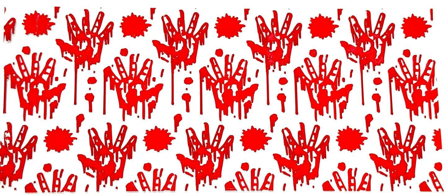 Red handprint pattern with bloodstains on a white background