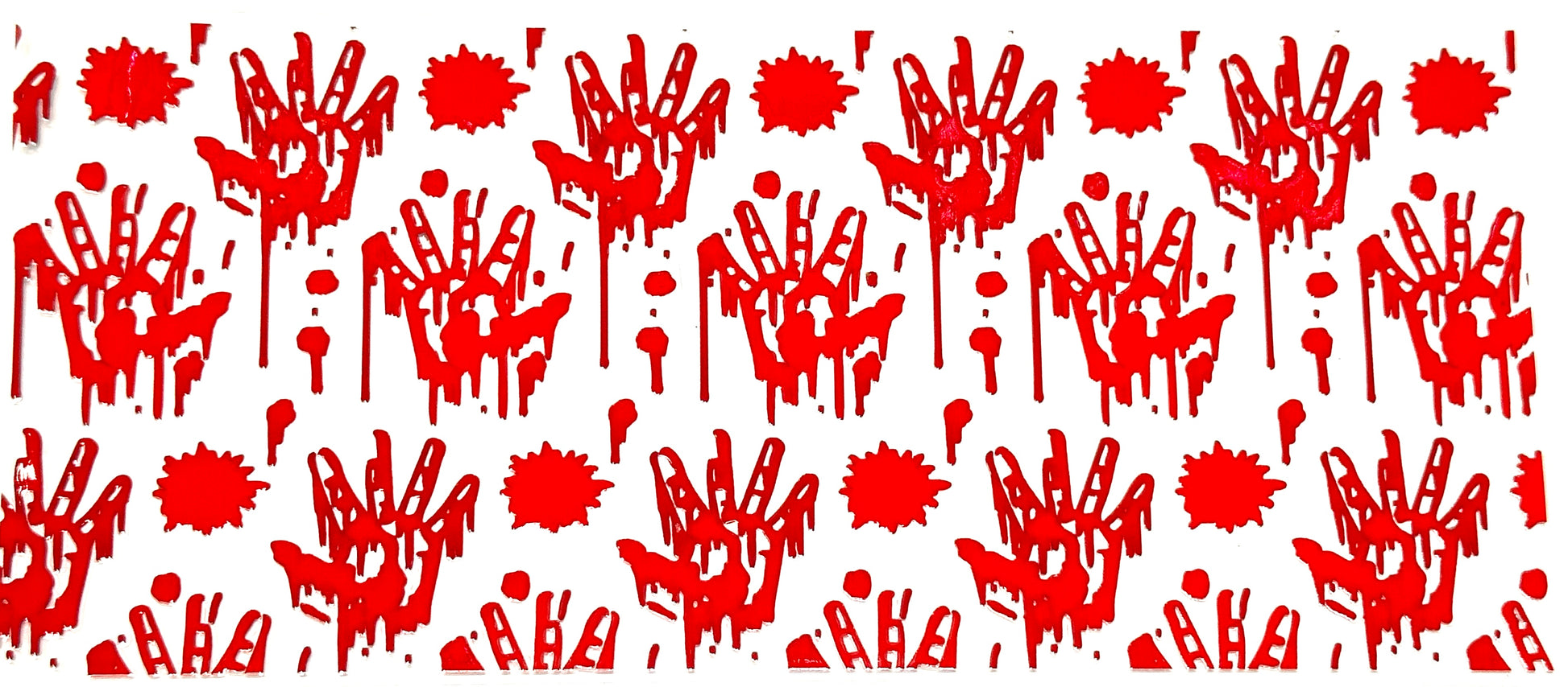 Red handprint pattern with bloodstains on a white background