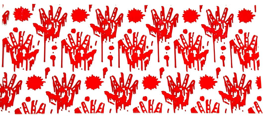 Red handprint pattern with bloodstains on a white background