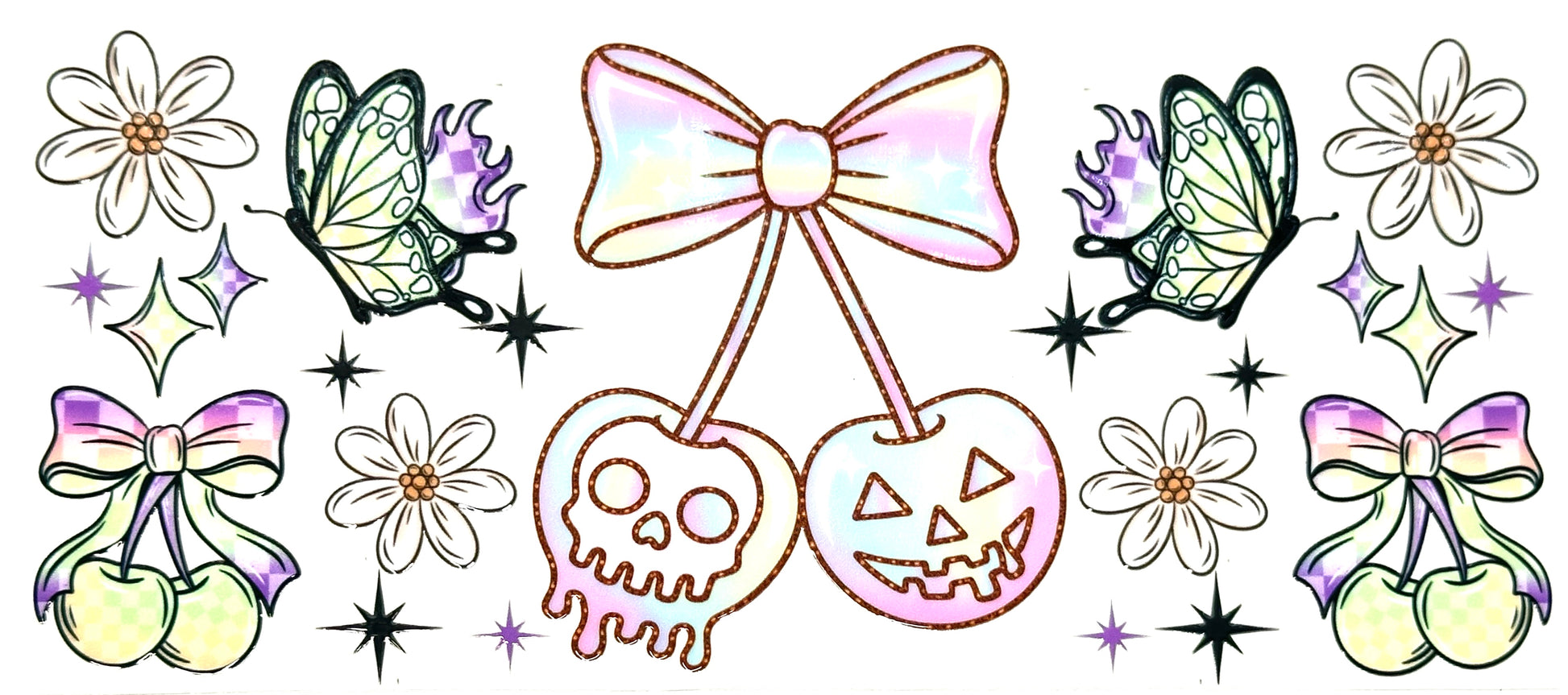 Colorful Halloween-themed stickers with bows, flowers, and ghost faces on a white background.