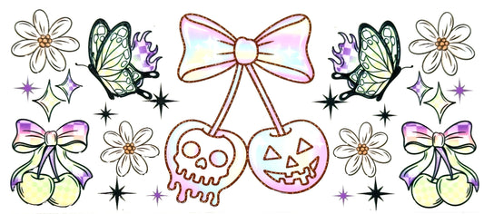 Colorful Halloween-themed stickers with bows, flowers, and ghost faces on a white background.