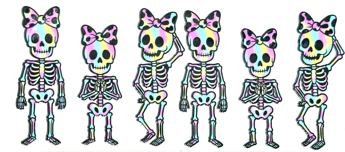 Set of six colorful skeleton illustrations with bows on their heads.