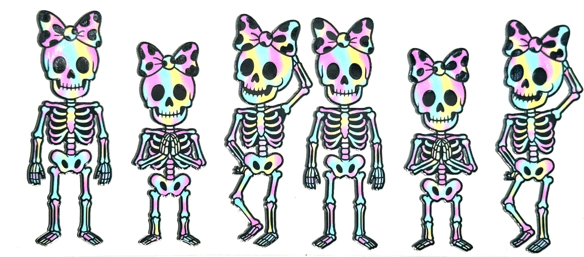 Set of six colorful skeleton illustrations with bows on their heads.