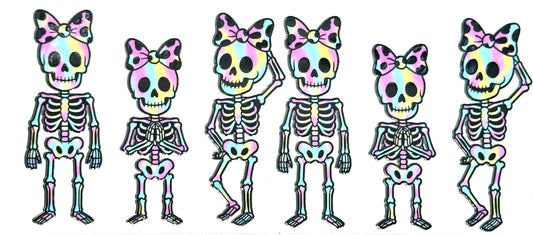 Set of six colorful skeleton illustrations with bows on their heads.