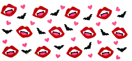 Pattern of red lips, pink hearts, and black bats on a white background