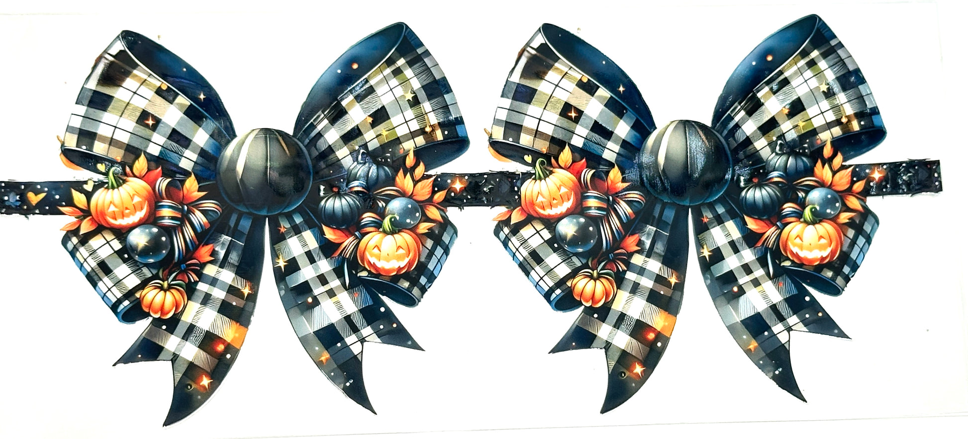 Two decorative bows with plaid patterns and Halloween-themed pumpkins on a white background.