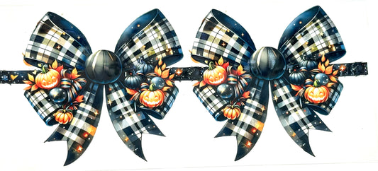 Two decorative bows with plaid patterns and Halloween-themed pumpkins on a white background.