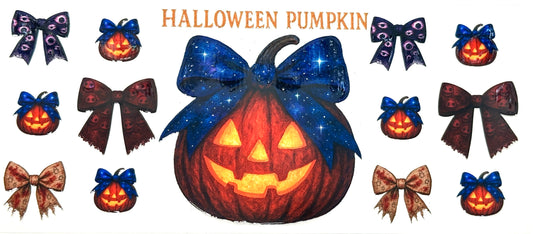 Halloween pumpkin with decorative bows on a white background