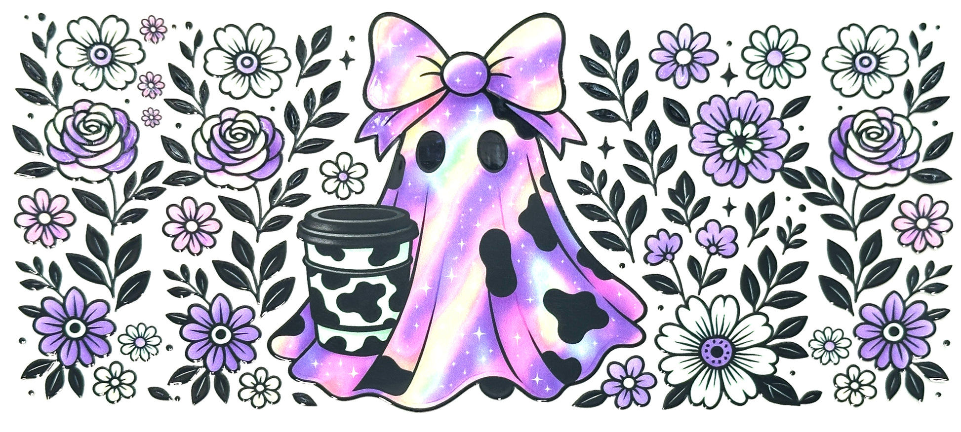 Ghost in a purple dress with a bow holding a coffee cup, surrounded by floral patterns