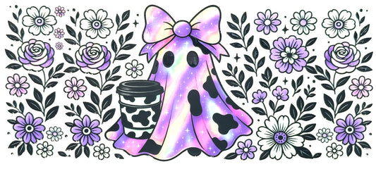 Ghost in a purple dress with a bow holding a coffee cup, surrounded by floral patterns