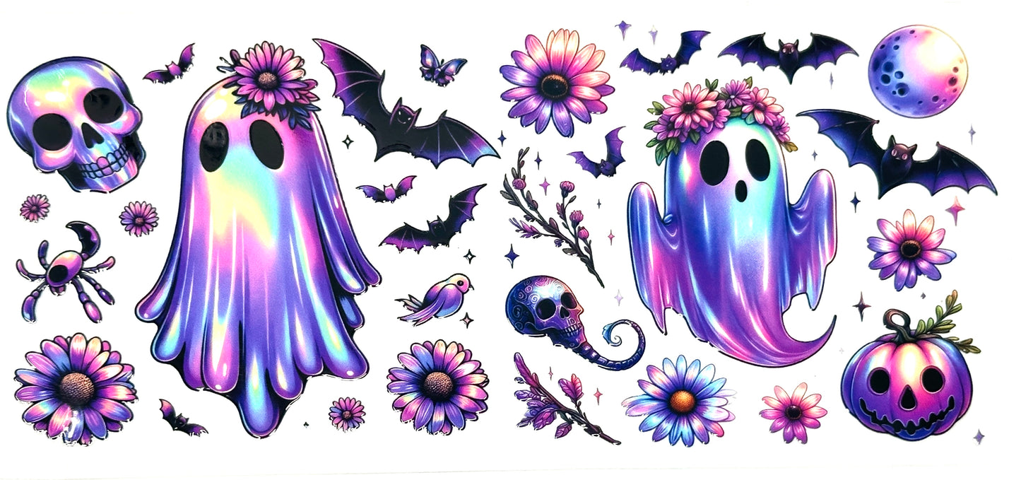 Colorful ghost and floral designs on a white background