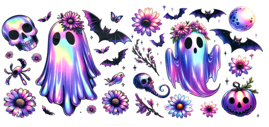 Colorful ghost and floral designs on a white background