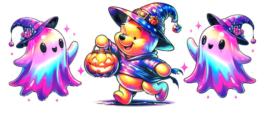 Colorful cartoon bear in a witch costume with two ghosts on a white background