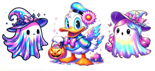 Cartoon characters in Halloween-themed costumes with a ghost, witch, and fairy design.