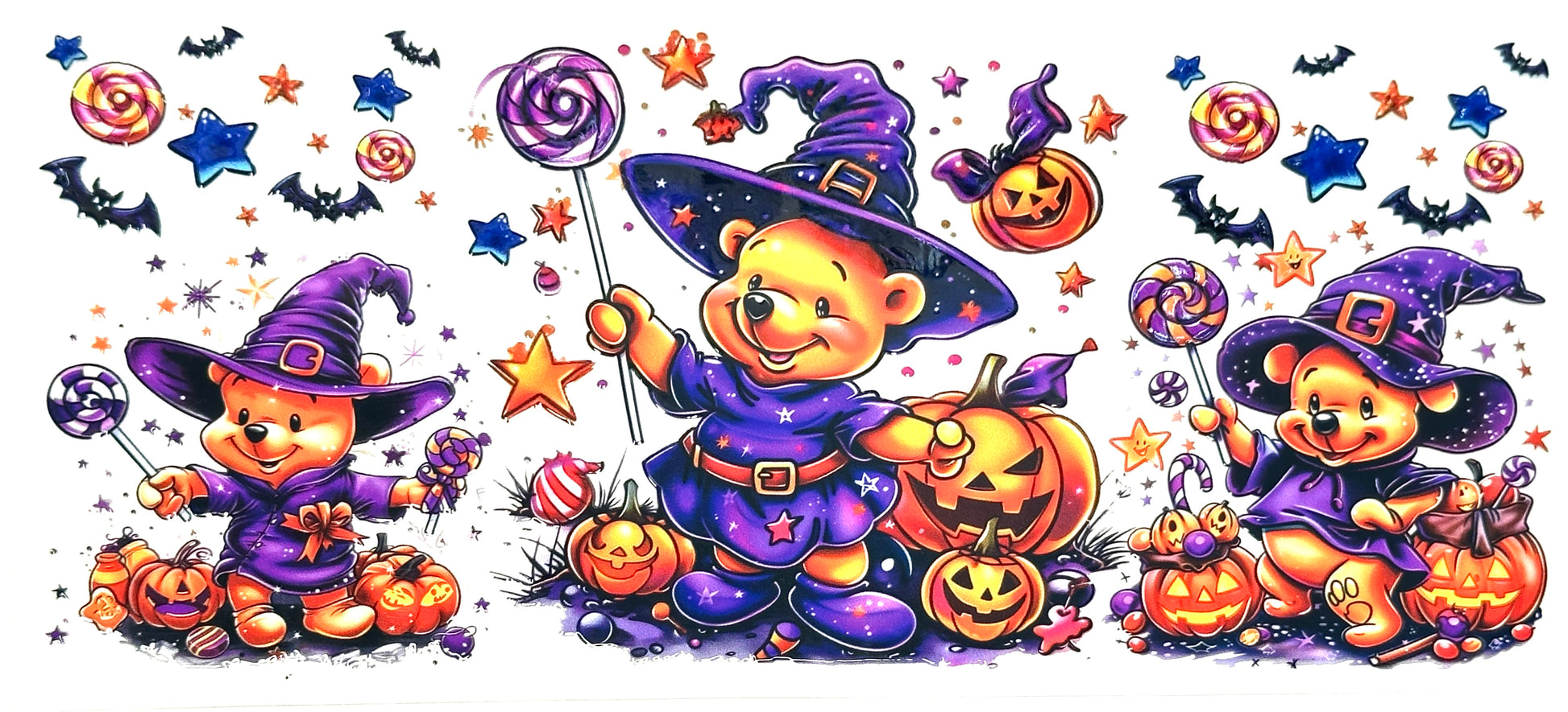Halloween-themed illustration with cartoon bears in witch costumes and pumpkins.