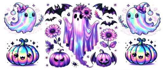 Colorful Halloween-themed stickers featuring ghosts, pumpkins, and bats on a white background.
