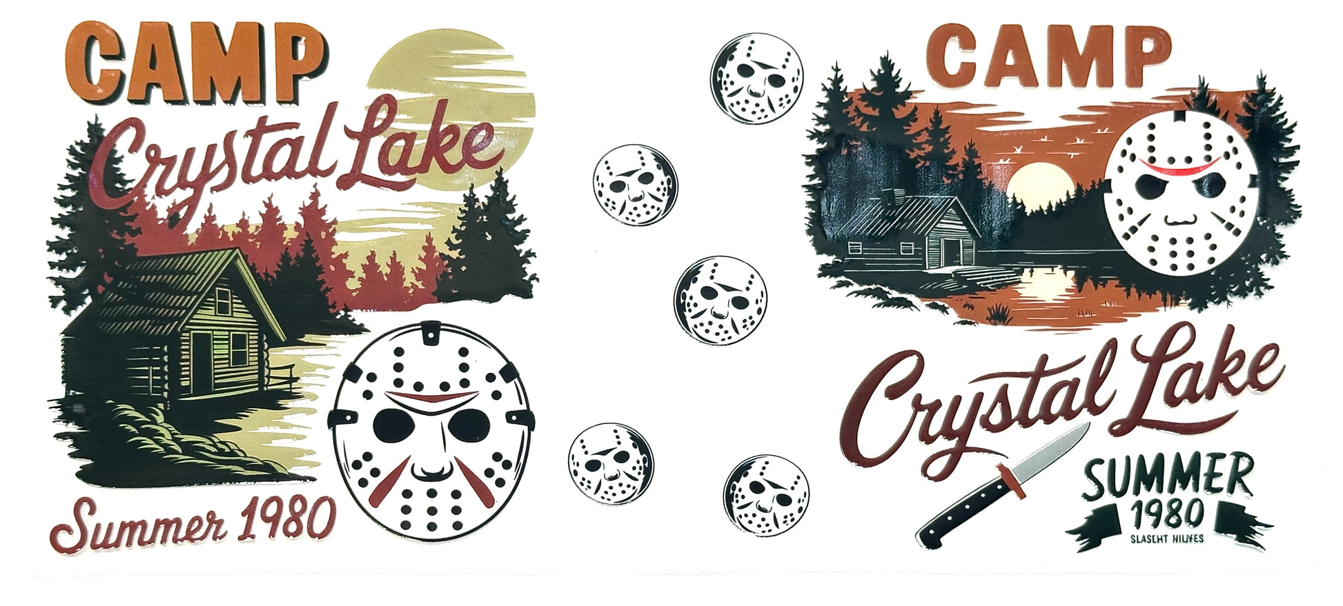 Camp Crystal Lake summer 1980-themed design with cabin, trees, and masks.