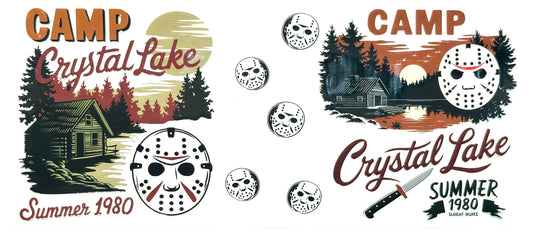 Camp Crystal Lake summer 1980-themed design with cabin, trees, and masks.