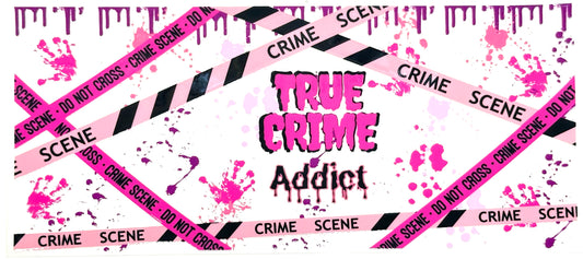Pink crime scene tape with 'True Crime Addict' text and splatter design.