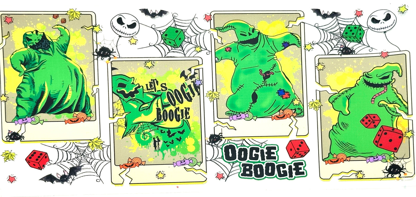 Cartoon character in a green ghost costume with 'Let's Boogie' text, surrounded by decorative elements.