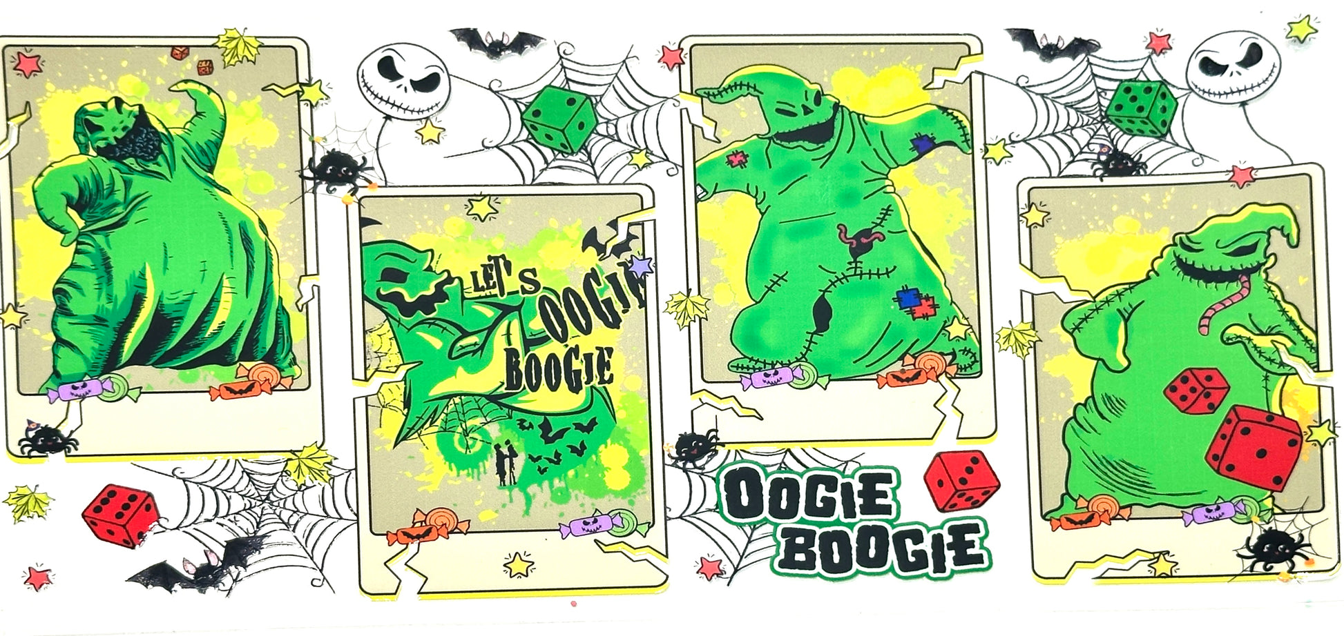 Cartoon character in a green ghost costume with 'Let's Boogie' text, surrounded by decorative elements.