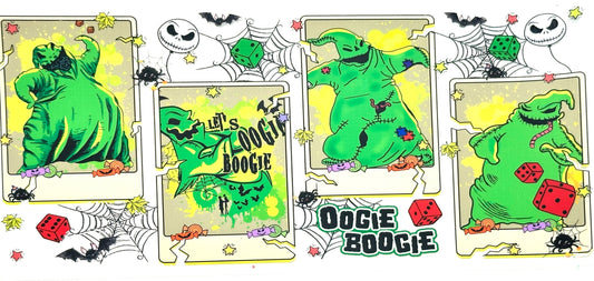 Cartoon character in a green ghost costume with 'Let's Boogie' text, surrounded by decorative elements.