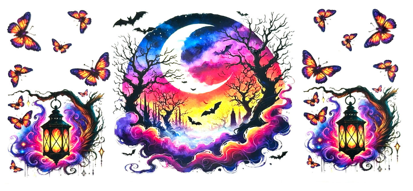 Colorful Halloween-themed design with trees, moon, lanterns, and butterflies.