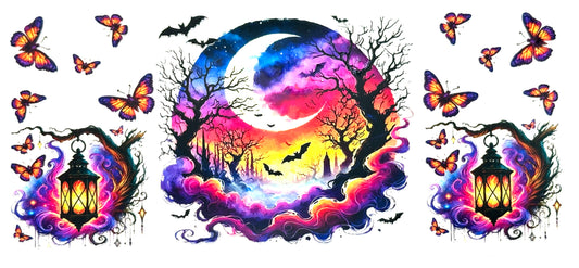 Colorful Halloween-themed design with trees, moon, lanterns, and butterflies.