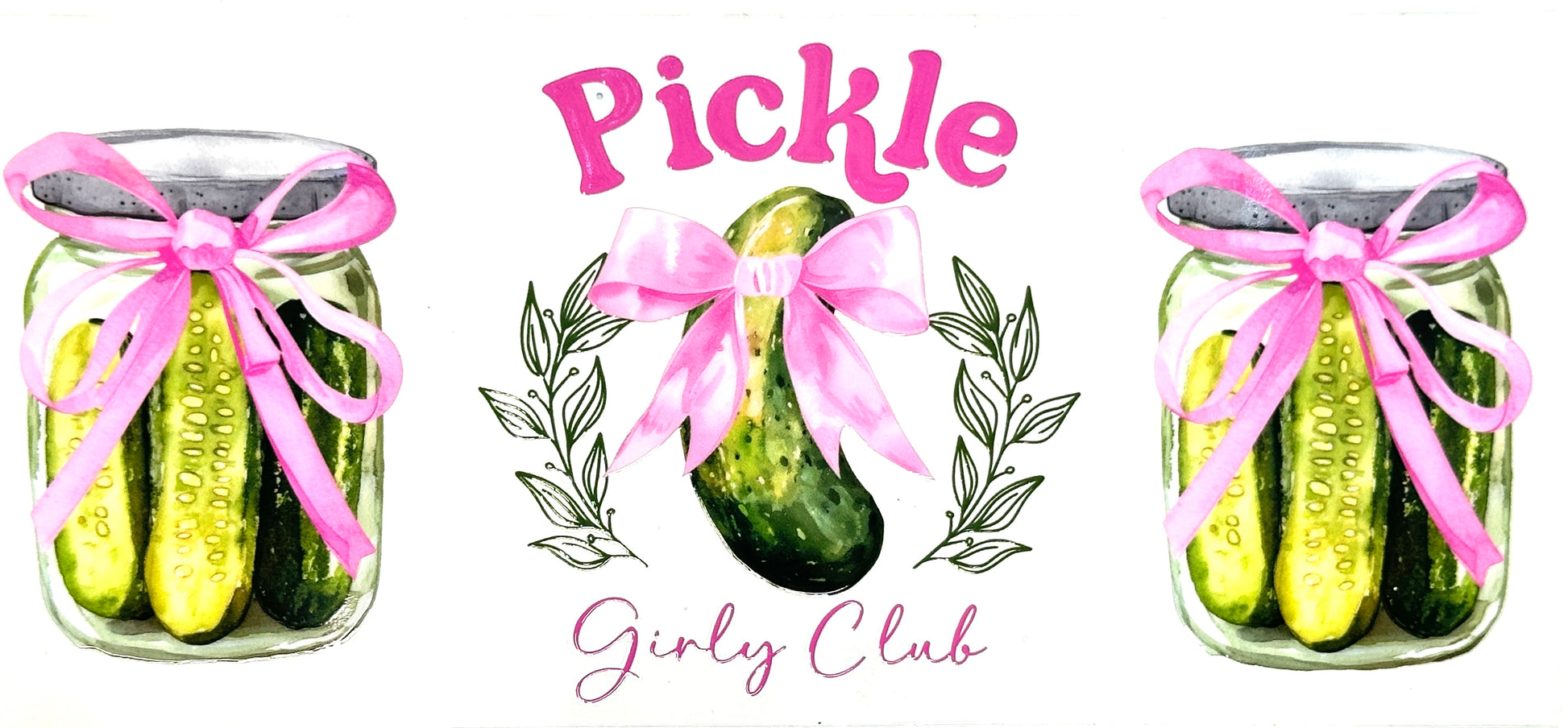 Three jars of pickles with pink bows and decorative text on a white background