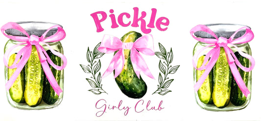 Three jars of pickles with pink bows and decorative text on a white background
