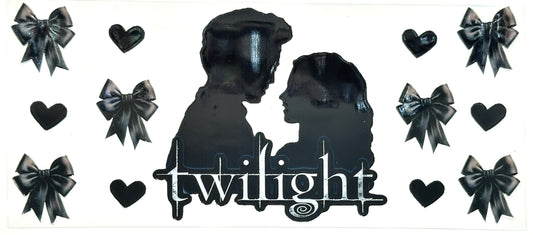 Silhouette of a couple with 'Twilight' text surrounded by decorative bows and hearts.
