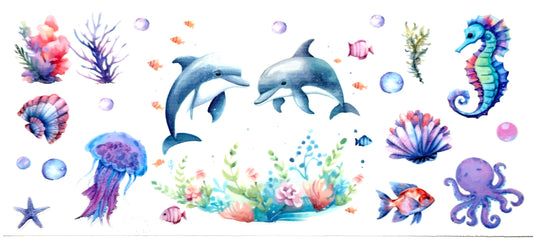 Colorful underwater-themed wall stickers with dolphins, seahorses, and marine life on a white background.