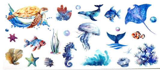 Collection of underwater-themed illustrations including fish, a turtle, jellyfish, and seahorse on a white background.