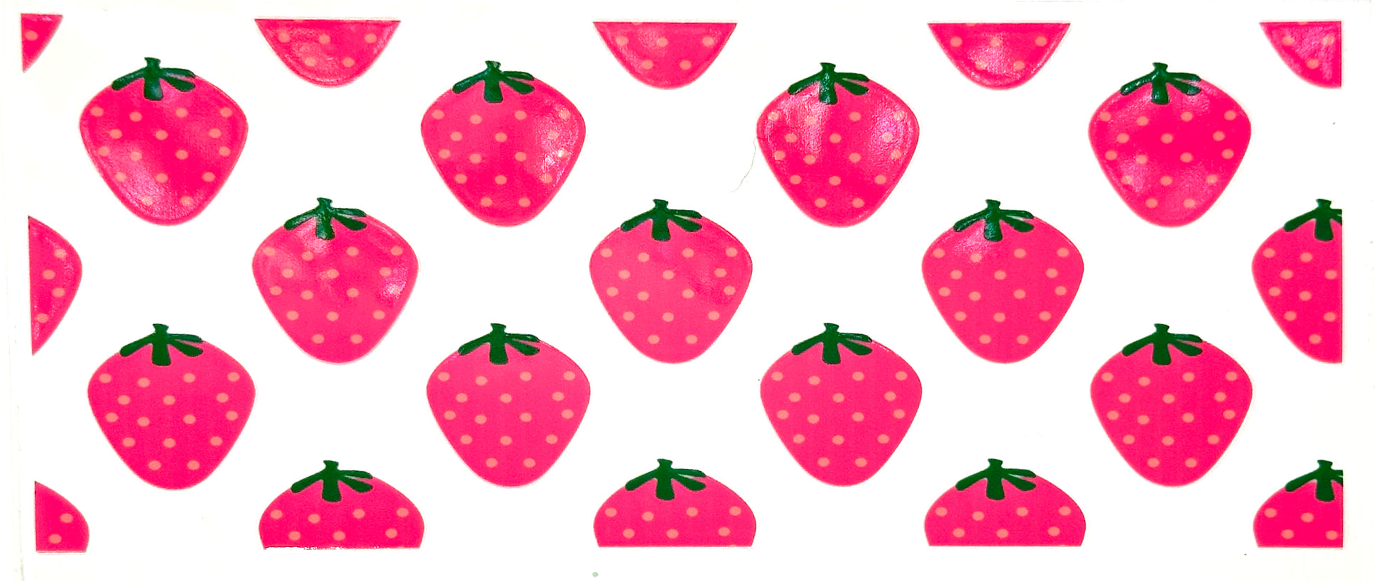 Pattern of pink strawberries with green stems on a white background
