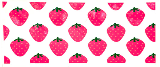 Pattern of pink strawberries with green stems on a white background