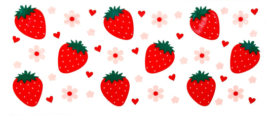 Pattern of strawberries, flowers, and hearts on a white background