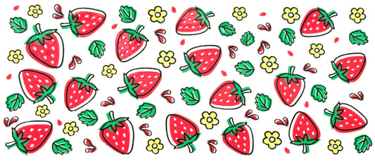 Pattern of red strawberries with green leaves on a white background