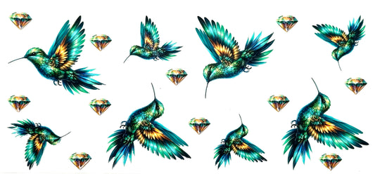 Colorful hummingbird illustrations with diamond shapes on a white background