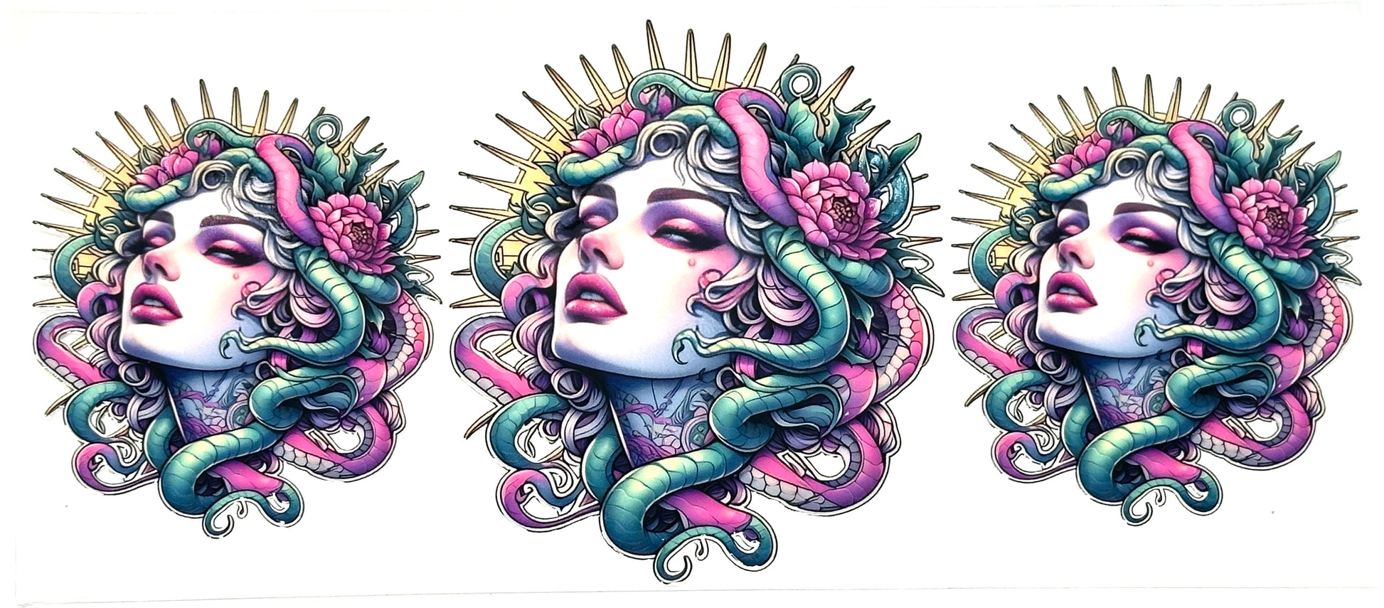 Three decorative illustrations of a face with floral and snake elements on a white background.