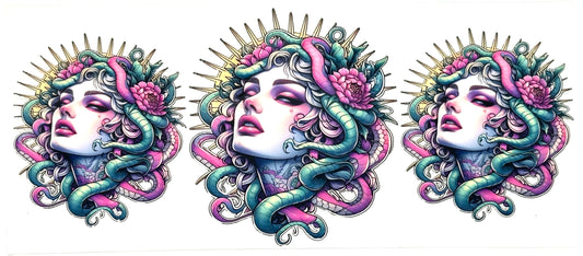 Three decorative illustrations of a face with floral and snake elements on a white background.