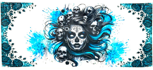 Artistic design of a woman's face with skull elements and blue roses on a white background