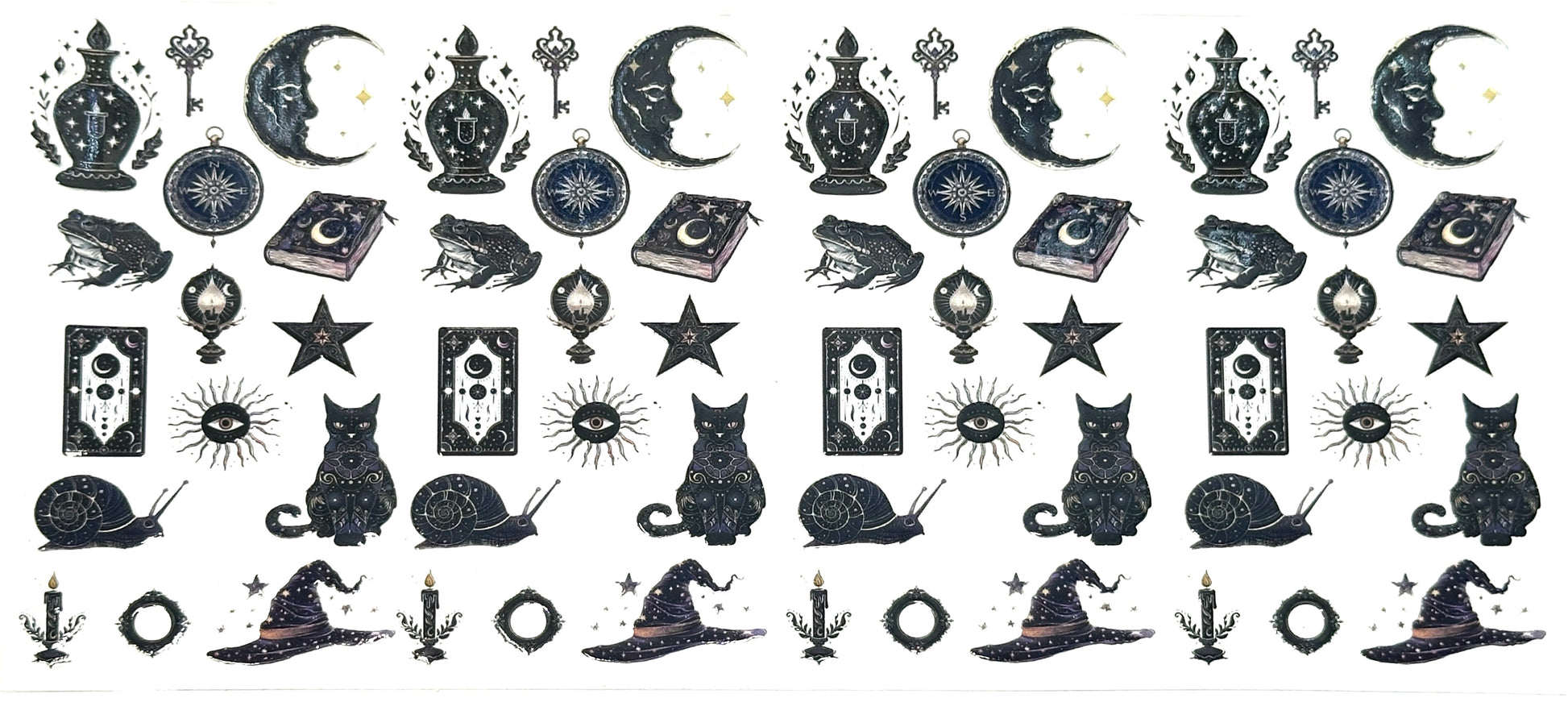 Pattern of black illustrations on a white background, including cats, moons, stars, and other mystical symbols.