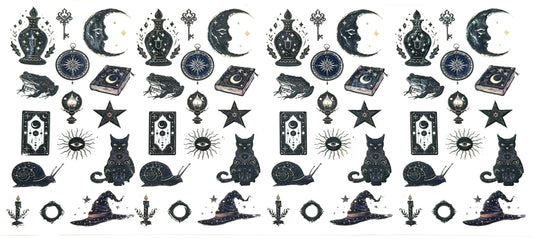 Pattern of black illustrations on a white background, including cats, moons, stars, and other mystical symbols.