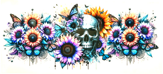 Colorful skull and floral design with butterflies on a white background
