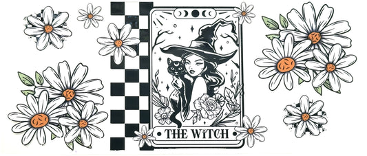 Card featuring a witch with a cat and flowers, surrounded by decorative elements.