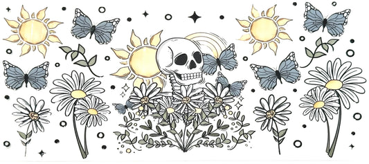 Decorative design with skulls, flowers, and butterflies on a white background
