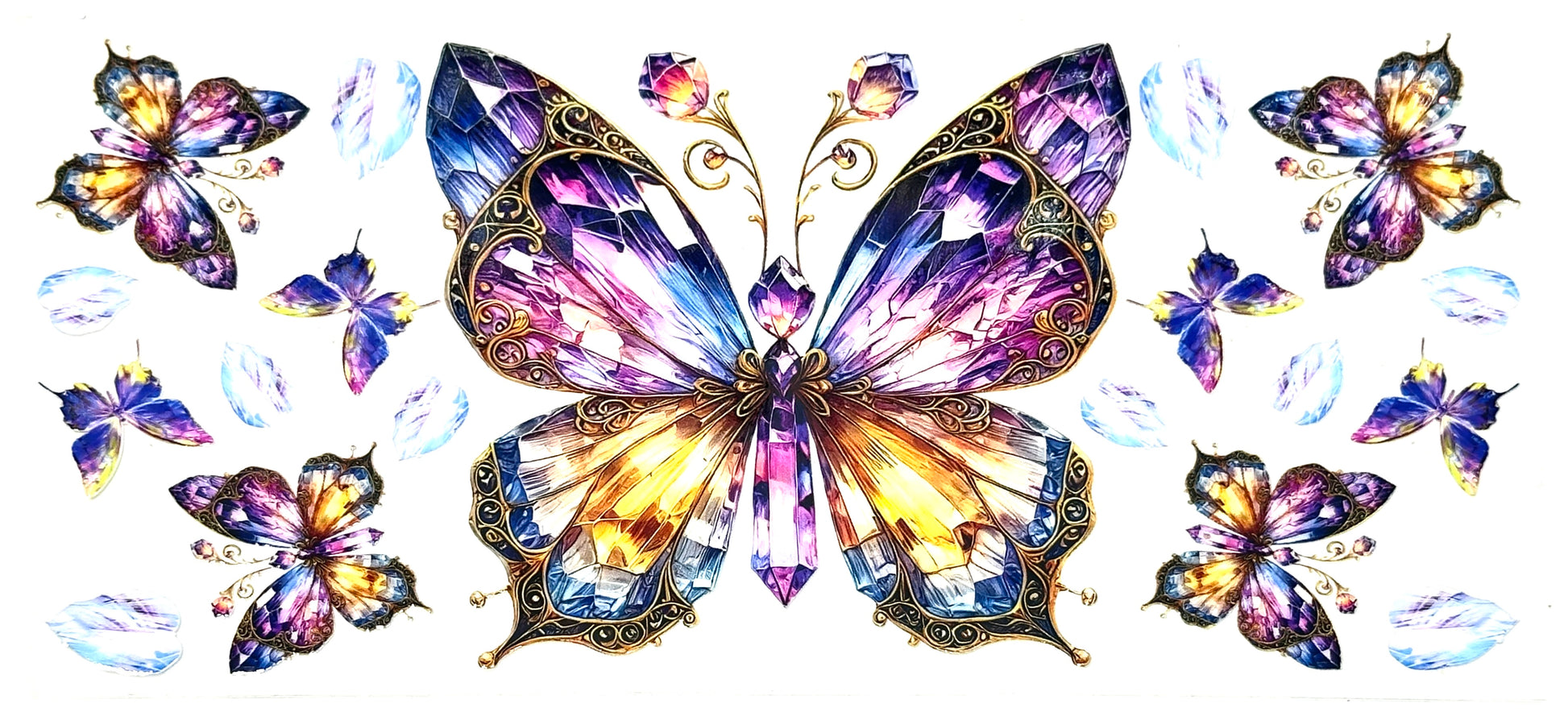Colorful butterfly design with gemstone-like patterns on a white background