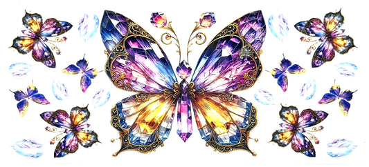 Colorful butterfly design with gemstone-like patterns on a white background