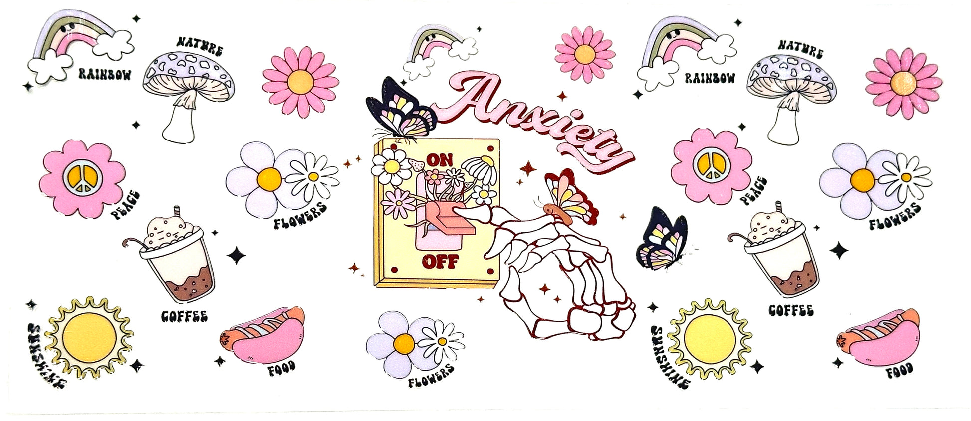 Illustrations of various symbols and objects including flowers, mushrooms, butterflies, and a book titled 'Anxiety On Anxiety Off'.