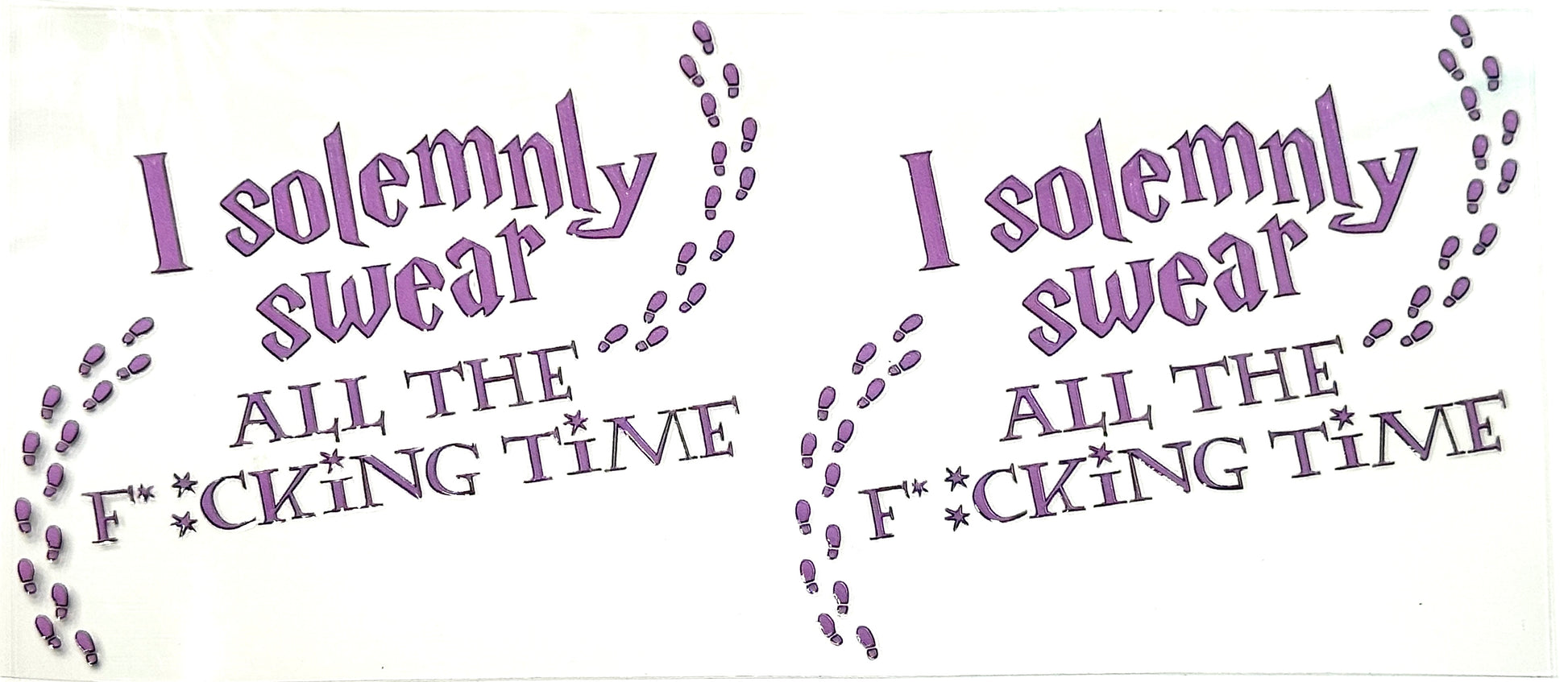 Two identical purple text designs on a white background